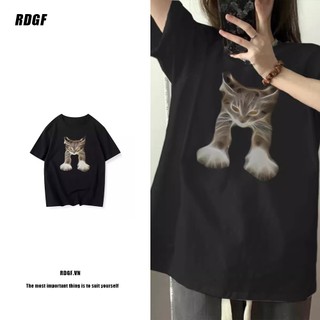 Rdgf Áo thun in hình mèo dáng rộng phong cách Mỹ thời trang oversize cotton nguyên chất cổ tròn tay ngắn 240221