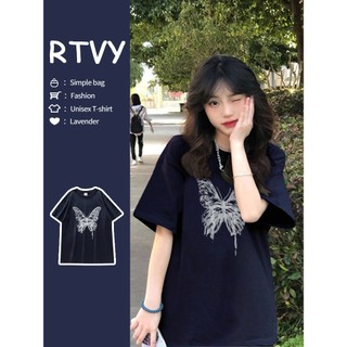 「RTVY」Áo thun ngắn tay màu xanh cổ điển kiểu Mỹ dành cho nữ mùa hè mới áo nửa tay dáng rộng
