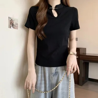NZN Áo thun ngắn tay sườn xám màu trơn phong cách Hàn Quốc