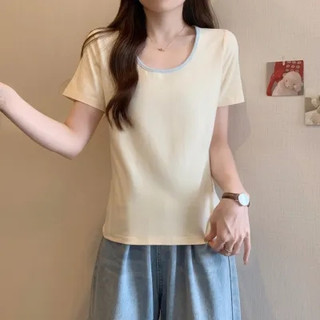 NZN Áo thun ngắn tay cổ tròn tương phản phong cách Hàn Quốc Áo thun nữ đơn giản