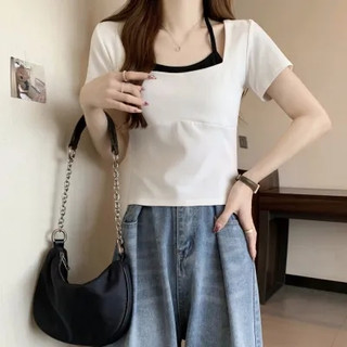 NZN Áo thun ngắn tay vai cotton không đều mùa hè 2024 của Hàn Quốc dành cho nữ