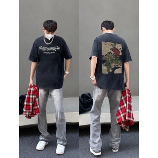 PEARDODO Hoa Hồng In Hình Thời Trang Cotton Nguyên Chất Áo Thun Phong Cách Mỹ Rửa Oversize Cổ Tròn Tay Ngắn 240221