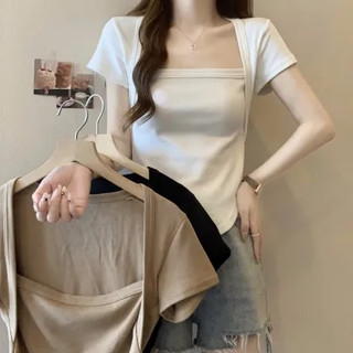 NZN Áo thun ngắn tay cổ vuông màu trơn đơn giản mùa hè dành cho nữ
