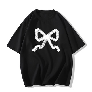 SELVZE Thời trang và tối giản nơ in hình cotton nguyên chất dáng rộng áo thun ngắn tay cổ điển giản dị oversized top nữ còn hàng