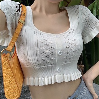 Áo len ZHELIHANGFEI tay ngắn cổ vuông thời trang trẻ trung cho nữ