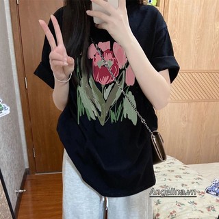 【ANGELINA】Áo Thun Tay Ngắn Dáng Rộng In Họa Tiết Vintage Thời Trang Hàn Quốc Cho Nữ
