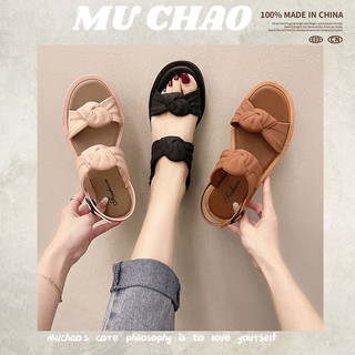MUCHAO Dép Sandal Đế Bằng Dày Dặn Thắt Nơ Xinh Xắn Thời Trang Cho Nữ