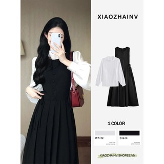 Xiaozhainv Set Đầm Chữ a Sát Nách + Áo Sơ Mi Tay Dài Phồng Phong Cách Thời Trang Pháp Cho Nữ
