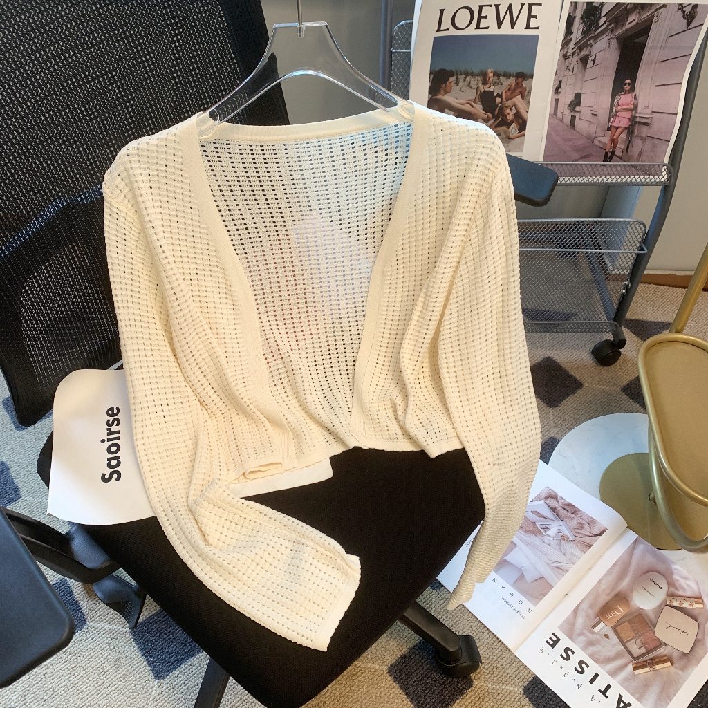 YAYUAN Dài tay đan cardigan nữ ngắn màu trắng | BigBuy360 - bigbuy360.vn