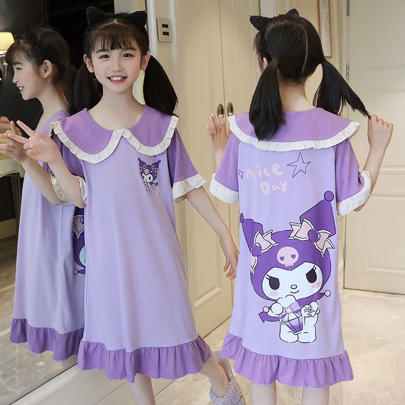 Sanrio Trẻ Em Người Phụ Nữ Dài Váy Ngủ Anime Kawaii Kuromi My Melody Cinnamoroll Bé Gái Bộ Đồ Ngủ Đầm Dài Tay Cotton Mặc Ở Nhà