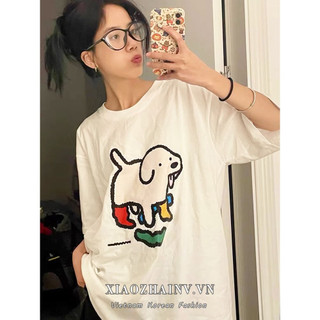 Xiaozhainv Áo thun ngắn tay cổ tròn in hình chú chó con thông thường Hàn Quốc