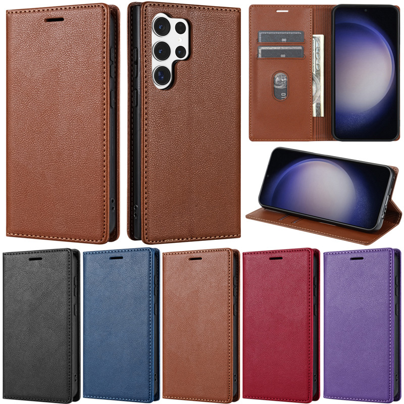 Vỏ Sang Trọng Cho Samsung Galaxy S24 Ultra S23 Plus S22 Ultra S21 Plus S20 FE Note 20 Ultra 5G S21 FE Litchi Book Ví Từ Tính Mềm Da Pu Khe Cắm Thẻ Flip Stand Cover