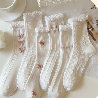 FHYL Vớ Cotton Cổ Trung Màu Trắng Với Hoạ Tiết Nơ Xinh Xắn Đáng Yêu Thoáng khí Phong Cách Lolita Dành Cho Nữ