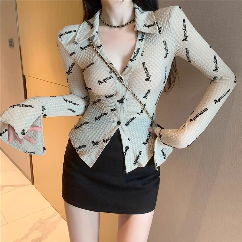 Áo len Cardigan dài tay cổ chữ V Áo sơ mi dài tay in hình hẹp