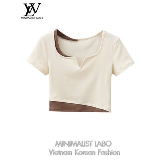 Thiết Kế Cảm Thấy Giả Hai Mảnh Màu Phù Hợp Với Áo Thun Slim-Fit Tay Ngắn Mùa Hè Phong Cách Mới Nữ Phong Cách Phương Tây Tất Cả @
