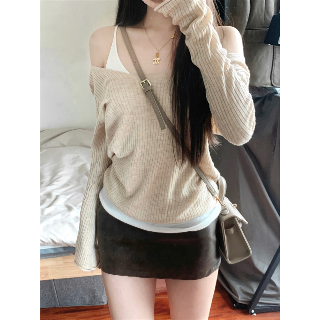 Áo Dệt Kim Trễ Vai Tay Dài Thời Trang Cho Nữ