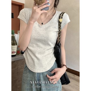 Xiaozhainv Cô Gái Cay Cổ Chữ V Gợi Cảm Áo Thun Nữ Quần Áo Màu Trơn Ôm Y2K Top