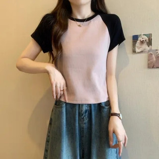 NZN Áo thun ngắn tay đầy đủ vai thời trang mùa hè dành cho nữ có cổ tròn và áo crop top tương phản