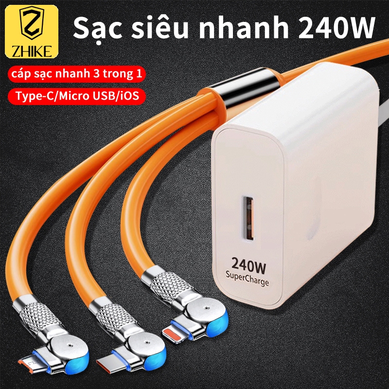 ZHIKE Dây Sạc 3 đầu Type C Micro USB iOS 240 W Bộ Chuyển đổi Cáp Sạc Nhanh chiều dài 1.2 Mét Cáp Sạc Dày Chống Cuộn Dây