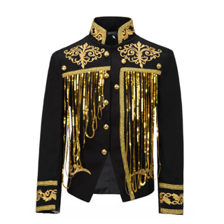 Áo khoác nam Steampunk DJ Dancer Ternos Trắng Trang phục nam Quần áo Blazer đen vàng với tua rua Sequin cho người biểu diễn