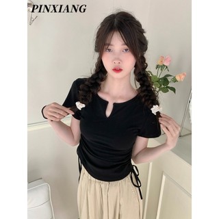 Mushiqi Nữ Mới Mỏng Dây Rút Áo Thun Tay Ngắn Cổ Chữ V Mỏng Vai Phải Đa Năng Top