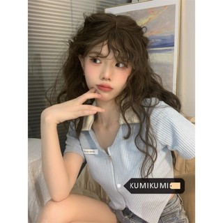 kumikumi Mới Hàn Quốc Cổ Chữ V Chắc Chắn Tay Ngắn Cổ Polo Ngắn Thời Trang Áo Thun Tay Ngắn Cho Nữ