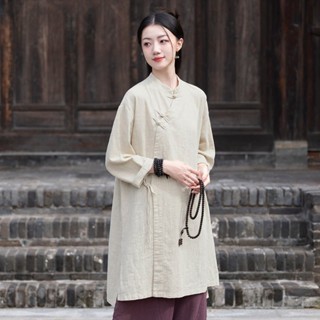 2024 Phong Cách Dân Tộc Nguyên Chất Cotton Quá Khổ Áo Sơ Mi Nữ Rời Giữa Chiều Dài Áo Dài Tay Retro Nút Áo Màu Trơn Trà Zen Quần Áo Plus Kích Thước Muslimah Top Baju Raya