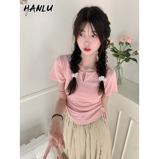 Áo thun ngắn tay dây rút mỏng mới của HANLU dành cho nữ cổ chữ V mỏng Vai phải đa năng
