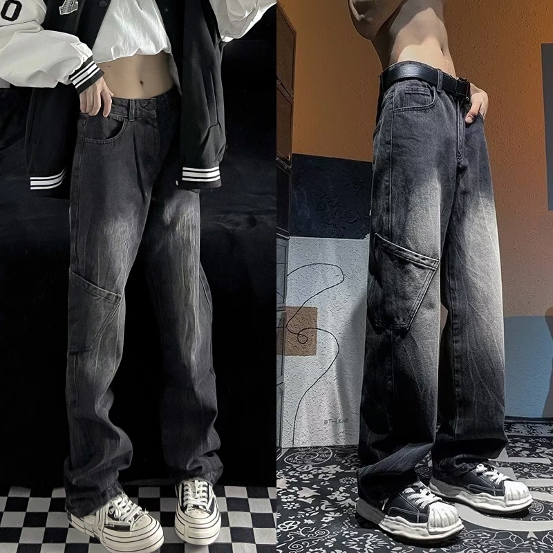 Quần Yếm Jean Dài Ống Rộng Phong Cách Đường Phố Mỹ Thời Trang Xuân Thu Kiểu Mới Dễ Phối Đồ Cho Nam