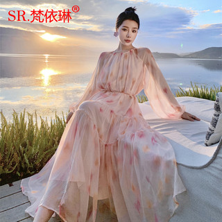 Mùa Xuân 2024 Phong Cách Mới Quần Áo Nữ Người Nổi Tiếng Sang Trọng Voan Tie-Dye Dài Tay Đầm Nhẹ Nhàng Phong Cách Kỳ Nghỉ Thanh Lịch Dài