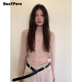 Honypove Phiên Bản Hàn Quốc Chấm Bi Lớp Đáy Đầu Xuân Phong Cách Mới Cổ Tròn Áo Chui Đầu Dài Tay