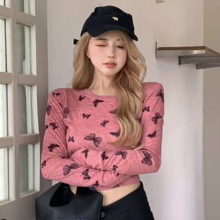 Phiên Bản Hàn Quốc Cá Tính Đường Phố Hợp Thời Trang Chống Nắng Áo Thun Nữ Co Giãn Chặt In Hình Bướm Cổ Tròn Dài Tay Ngắn Top