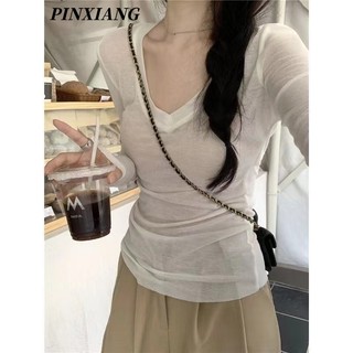 Pinxiang Nữ mới hot girl eo rỗng cổ chữ V dài tay mỏng vừa vặn đa năng màu trơn đáy chống nắng hàng đầu