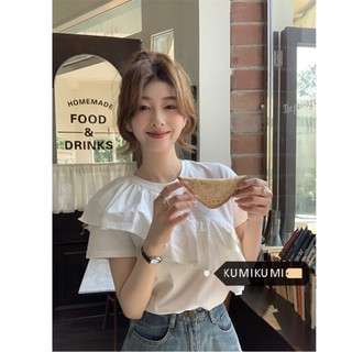 kumikumi Áo thun ngắn tay cổ tròn màu trơn mới dành cho nữ