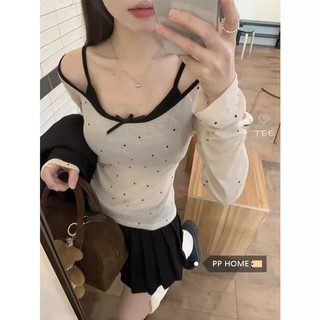 kumikumi Áo Croptop thun dài tay đeo vai một dòng mùa thu đông ngọt ngào giảm béo micro trong suốt chấm