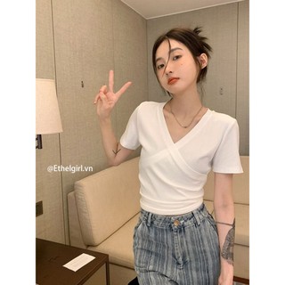 Ethelgirl Thời Trang Hàn Quốc Quần Áo Nữ Slim Fit Cổ Chữ V Tay Ngắn Áo Thun Nữ Quần Áo Phù Hợp Với Hàng Đầu