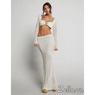 Phụ Nữ Y2K 2 Bộ Trang Phục Dài Tay Cổ Vuông Crop Tops + Váy Dệt Kim Dài Rỗng Cho Tiệc Đi Biển