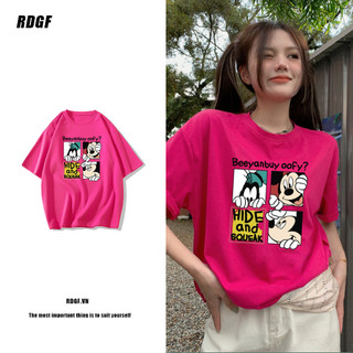 RDGF Hợp Thời Trang Mùa Xuân Dopamine Dressing Với Rồng Màu Trái Cây Mickey In Áo Thun Tay Ngắn Cho Nữ Rời Cotton Đa Năng Hoạt Hình Nhật Bản Nửa Tay