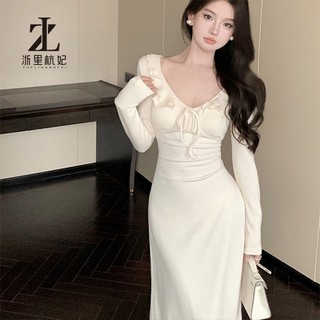 Đầm maxi Ôm Dáng Tay Dài Cổ Chữ v Màu Trơn Thời Trang 2024 Cho Nữ