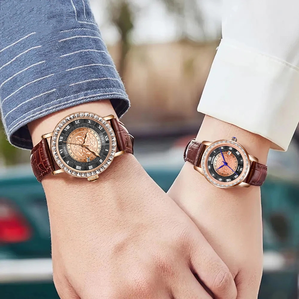 Lige Cặp Đôi Đồng Hồ Nữ Thời Trang Nguyên Bản Lịch Chống Thấm Nước Thạch Anh Da Unisex Đồng Hồ Đeo Tay Nam