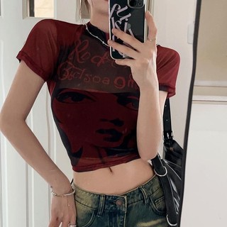 Áo crop Top ngắn tay in hình mùa hè gợi cảm nửa cổ cao Burgundy chính hãng