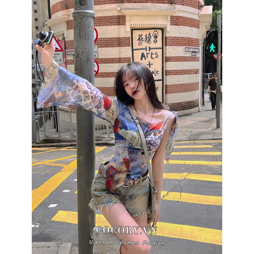 Cocorygirl Spicy girls sexy in một vai áo thun dài tay mùa hè lệch vai không thường xuyên y2k croptop phụ nữ