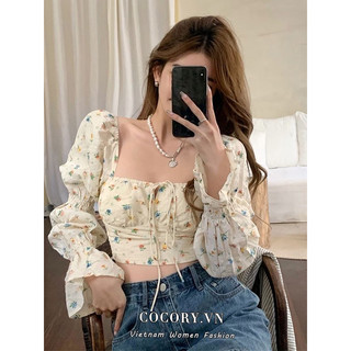 Cocorygirl Áo Ngắn Với Tay Dài Hoạ Tiết Hoa Phong Cách Hàn Quốc dễ thương cho nữ