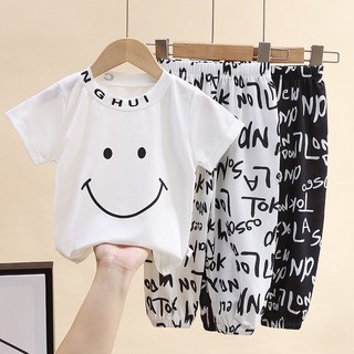 Michley Mới Trẻ Em Mùa Hè Băng Lụa Tay Ngắn Phù Hợp Với Bé Hoạt Hình Chín Điểm Quần Ngắn Tay Bộ Hai Mảnh