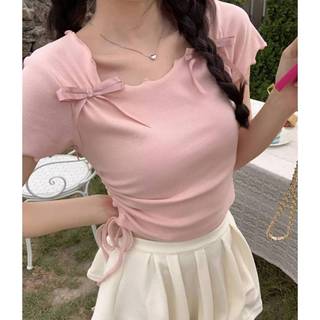 Áo Croptop Chất Thun Cổ Vuông Gắn Nơ Dễ Thương Phong Cách Mới Tinh Khiết Desire Phong