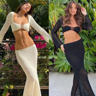 Set Đồ Đi Biển 2 Món Gồm Áo Croptop Dệt Kim Cổ Vuông Tay Dài + Chân Váy Dài Khoét Lỗ Y2K Thời Trang Cho Nữ