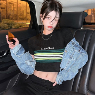 Áo thun dệt kim sọc đen Mùa hè Phong cách mới Chính hãng Vai ngắn tay gợi cảm Slim-fit Top