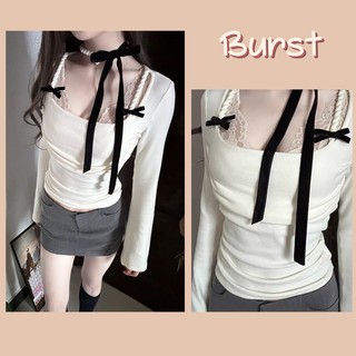  áo thun ôm body tay dài 2024 Mới thời trang hàn quốc áo baby tee ôm Viền Ren Đính Nơ 