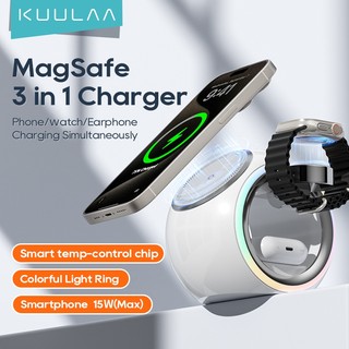  Trạm sạc từ tính 3 trong 1 KUULAA cho thiết bị Apple iPhone 15   Airpods   Watch MagSafe Bộ sạc không dây cho iPhone 15   14   13 Bộ sạc máy tính để bàn dải nguồn 3 trong 1 có đèn ngủ 
