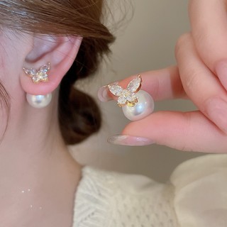 Bông tai ngọc trai bướm zircon hai mặt mạ vàng 14K, bông tai thời trang và thanh lịch, bông tai cao cấp thích hợp